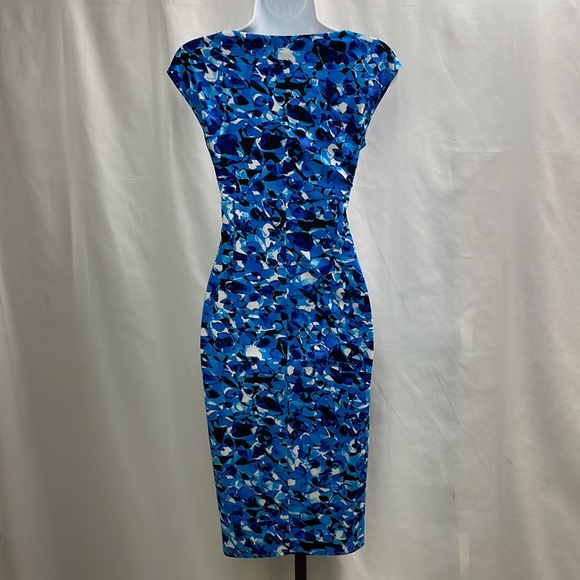 London Style Collection Blue Print Stretchy Faux Wrap Dress, Size 4 - Picture 5 of 13